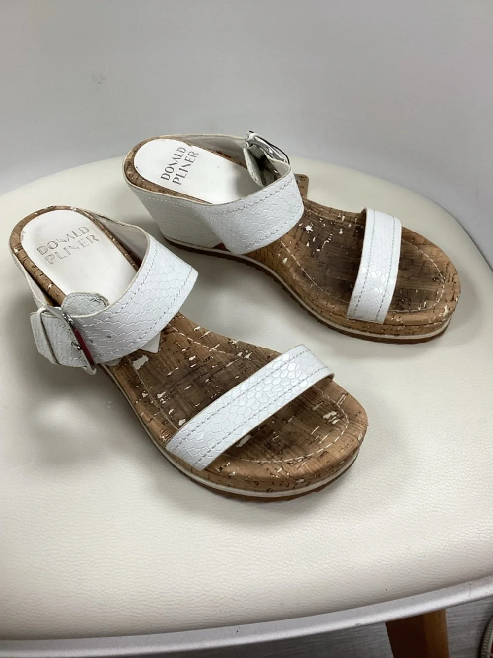 Donald J. Pliner White Textured Cork Wedge Slide Sandals